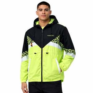 Veste coupe-vent à capuche pour homme avec logo personnalisé, couleur néon, imprimé léopard, fermeture éclair, streetwear, fournisseur OEM, vestes pour hommes - Product Image 1