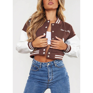 Brown Varsity <b>Jacket</b> With White Sleeves Embroidered Logo Button Closure Short Length Autumn Wear - Product Image 1