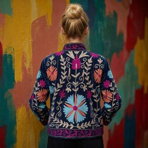 Women's Vintage Sujani Woven Velvet Hand Embroidered Bohemian Winter <b>Jacket</b> Indian Floral Design <b>Mandarin</b> <b>Collar</b> - Product Image 2