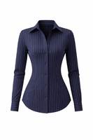 Chemise boutonnée rayée bleue pour femme, manches longues, coupe classique, col rabattu, tissu popeline respirant, idéale pour le bureau