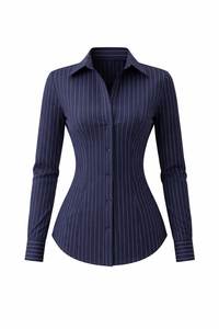 Chemise boutonnée à rayures bleues pour femme, manches longues, coupe classique, col rabattu, tenue de bureau, tissu popeline - Product Image 3