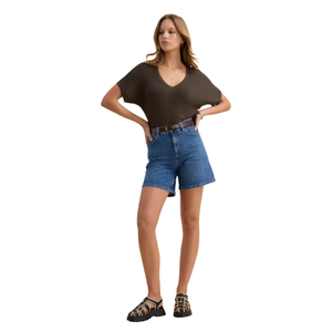 Blusa de punto acanalado con cuello en V para mujer, manga corta, corte relajado, informal, de verano, suave y transpirable, para uso diario - Product Image 3