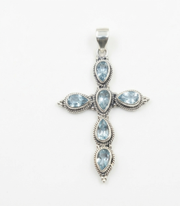 Colgante de Cruz con Topacio Azul en Plata de Ley 925, Chapado en Oro Rosa y Oro Amarillo, Joyería Religiosa Vintage Hecha a Mano, Unisex - Product Image 1