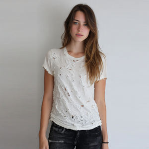 T-shirt tricoté léger en polyester/coton pour femme, style urbain rétro 2026, délavé au soleil, effet vieilli, personnalisé, vintage - Product Image 3