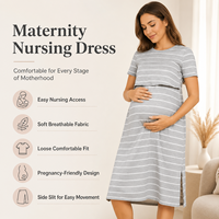 Robe de maternité et d'allaitement rayée à manches courtes, style midi, avec ouverture pour l'allaitement, vente en gros d'usine, OEM ODM