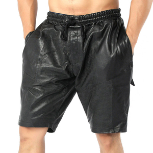Men's Black PU Coated Bermuda Shorts Drawstring Waist Breathable Mesh Panels Casual Style With Pockets Mid Rise Woven Fabric - Product Image 1
