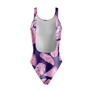 OEM ODM Women's Eco Friendly One <b>Piece</b> Swimsuit Plant Pattern Round Neck Stretchable Swimwear Bodysuit Custom Front Logo Printed - Product Image 2
