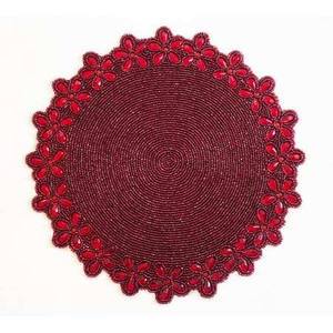 Handmade Red Rectangle Glass Bead Tablemat with Flower <b>Mosaic</b> Pattern Decorative Craft From Sami Handicrafts - Product Image 1