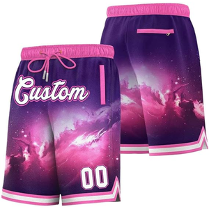 Shorts de basketball personnalisés pour hommes, imprimé galaxie violet rose, sublimation, séchage rapide, style sportif, taille à cordon, longueur courte - Product Image 3