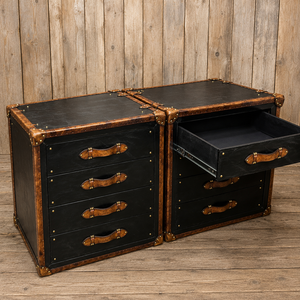 Vintage Black Leather Trunk <b>Drawer</b> Cabinet Antique <b>Storage</b> Chest Brass Hardware Wooden Sideboard Furniture Home Decor - Product Image 3