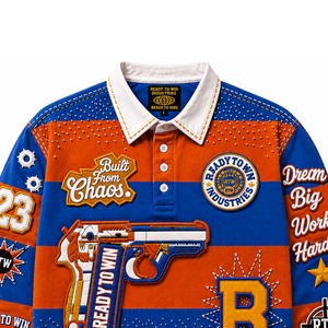 READY TO WIN INDUSTRIES Men's Long Sleeve Embroidered Polo <b>Shirt</b> Street Style <b>Patchwork</b> Design Blue Orange Contrast Trim - Product Image 2