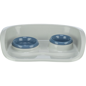 Ensemble de gamelles pour animaux de compagnie en plastique, double bol blanc avec inserts bleus, longueur 46 cm, pour chiens et chats - Product Image 1