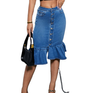 Tendance 2026 HSI Jupe en denim semi-extensible, modèle haut et bas fantaisie, avec ceinture cargo classique et multiples poches, style chic - Product Image 5