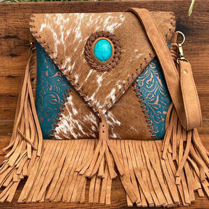 Nuevo bolso de cuero con flecos y pelo Real, gran oferta de cuero de vaca, monedero cruzado 2024, bolsos cruzados con piedra turquesa con estilo occidental - Product Image 2