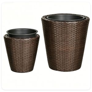Set di 2 fioriere in rattan PP, 15x12 cm, con vasi interni integrati e fori di drenaggio, per interni/esterni, in ferro - Product Image 1