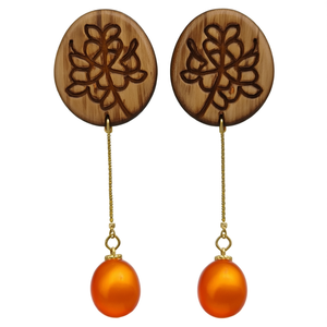 Wooden Pendant Earrings with Floral Pattern and Amber Pearl in Orange - Product Image 2