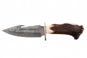 Couteau utilitaire d'extérieur artisanal en acier Damas, manche en corne de cerf, garde en laiton, lame fixe - Product Image 2