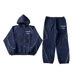 Conjunto Deportivo Unisex Azul Marino Sólido de Talla Grande, Chaqueta con Capucha y Cierre Completo, Pantalones con Puños Elásticos, Diseño Deportivo con Logotipo Personalizado para Adultos, Primavera - Product Image 1