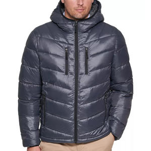 Men's Navy Blue Hooded Sherpa Lined Floral Puffer <b>Jacket</b> <b>Zipper</b> Closure Windproof Casual Winter Regular Fit Polyester Filling - Product Image 2