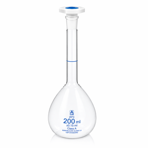 Fiole volumétrique de classe A 200 ml en verre borosilicaté, norme USP, avec graduation bleue et bouchon PE, verrerie de laboratoire - Product Image 1