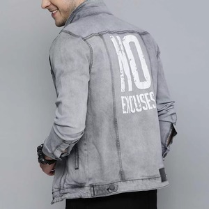 Men's Gray <b>Denim</b> Jacket Turn-down Collar Casual Single Breasted Button Closure Washed Cotton <b>Material</b> Regular Fit Autumn Style - Product Image 2