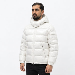 Men's <b>White</b> Hooded <b>Puffer</b> <b>Jacket</b> Breathable Fleece Lining Zipper Closure Windproof Casual Winter Regular Length Solid Color - Product Image 3