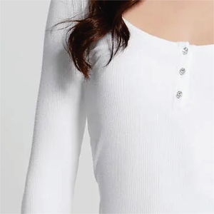 T-shirt Henley à manches longues et col rond pour femme, couleur unie, boutons, coupe classique, tricoté, décontracté, avec logo, teint uni, 100 % biologique, idéal pour l'été - Product Image 3