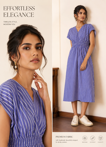 Vestido Midi a Rayas Azules y Blancas para Mujer, Manga Corta, Cuello en V, Cintura Alta, Estilo Casual de Verano con Bolsillos - Product Image 2
