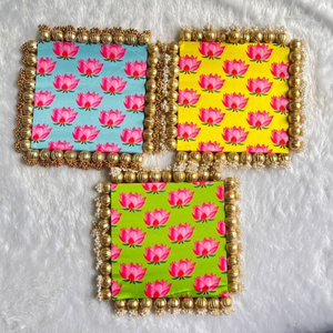 Handmade Lotus Print Fabric Mats - <b>Set</b> of 3 Traditional Beaded Pooja Aasan for Home Decor & Festivals - Product Image 4