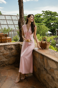 Vestido Maxi Rosa de Lino y Algodón con Cuello en V Profundo, Sin Mangas, Estilo Bohemio, con Volantes, Corte en A, Cintura Natural, Ligero, Asimétrico por Delante, para Uso Casual - Product Image 5