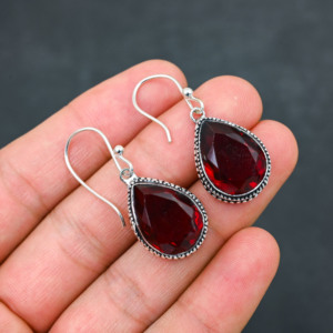 Customised <b>Red</b> Garnet LAB-CREATED 925 Sterling Silver <b>Earrings</b> 1.9" Handmade Gemstone Jewelry Antique Fine <b>Earring</b> Gift for Wome - Product Image 1