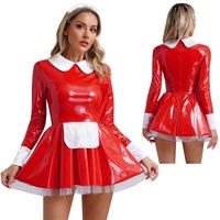 Damen Sweet Maid Lack leder Kleid mit floralen Spitze Stirnband Schürze A-Linie Kleid für Cosplay Nightclub Themed Party Cosplay