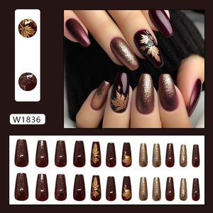24 pièces de faux ongles en ABS brillant, couleur ambre doré, forme amande, embossés, style français, pour femmes, avec colle - Product Image 5