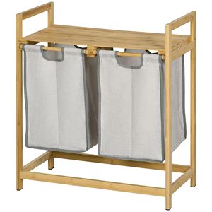 Cesto Portabiancheria Doppio in Bambù con Ripiano, 2 Sacchi Estraibili e Rimovibili, Legno Naturale e Grigio Scuro per Bagno - Product Image 1