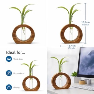 Vase en bois de teck tourné à la main avec tube en verre - Pot de fleurs en bois en gros - Product Image 2