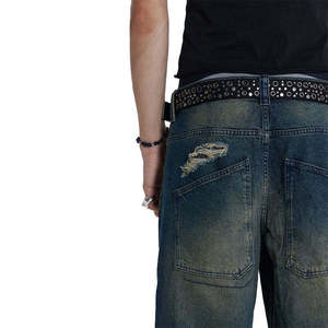 Jean large pour homme en denim déchiré, coupe ample, taille mi-haute, style hip-hop streetwear, en coton tissé pour l'automne - Product Image 6