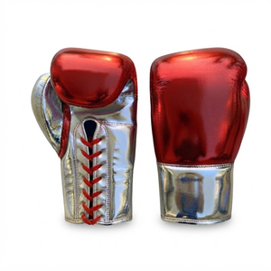 Guantes de Boxeo de Cuero Rojos y Plateados con Logotipo Personalizado al por Mayor, Guantes de Entrenamiento Profesionales con Cordones, OEM YM-BGW-07 - Product Image 1