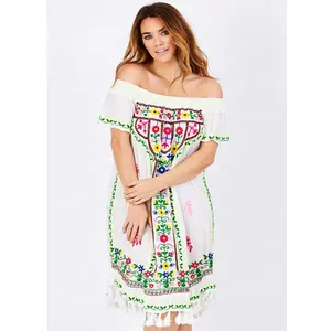 Benzersiz tarzı meksika görünüm klasik Neon Aari nakış püskül dantel etek kapalı omuz hint tasarımcı High End Banjara elbise tunik