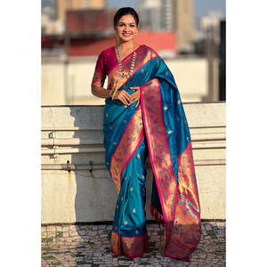 Sari de Seda Paithani Yeola con Tejido Zari Azul de Elite Weaves, con Contraste Meenakari, Elegante para Vestidos de Noche - Product Image 4