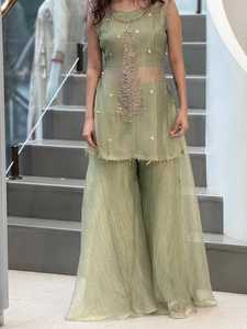 Elegant Green Crush <b>Tissue</b> Palazzo Set Embroidered Blouse Shrug Traditional Indian <b>Wedding</b> Party Wear Women Floor-Length - Product Image 1