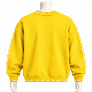 Mens Yellow <b>Stitched</b> Border Distressed Crewneck Sweatshirt <b>Oversized</b> Long Sleeve Pullover Casual Streetwear Sportswear Fashion - Product Image 2