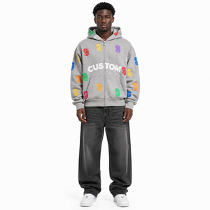 Sudadera con capucha gris personalizada con cremallera, múltiples logotipos, estampado 3D en relieve, parche con letras, cremallera, estilo oversize, streetwear para hombre, moda casual Y2K - Product Image 3