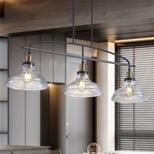 Lampadario industriale a sospensione a 3 luci 45 \ "moderna illuminazione per fattoria tonalità di vetro trasparente struttura in metallo nero regolabile in altezza per - Product Image 1