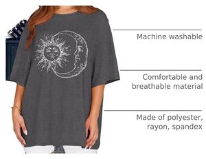 T-shirt décontracté en jersey de coton gris à imprimé soleil et lune pour femme, coupe ample, col rond, manches courtes, printemps-été - Product Image 6