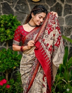 Sari de Seda Pura con Estampado Kalamkari para Mujer KV (Crema) - Product Image 4