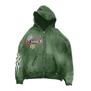 Sweat à capuche polaire surdimensionné à manches longues pour homme, personnalisé par le fabricant, effet délavé soleil, déchiré, avec strass, style designer, délavé à l'acide - Product Image 2
