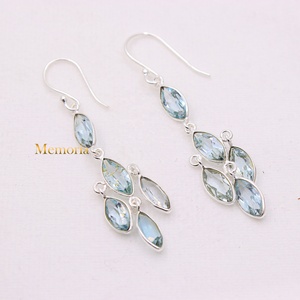 Wholesale 925 Solid Sterling Silver Natural Marquise Blue Topaz Bezel Set Multi Stone Dangle Earrings Memoria Jewels - Product Image 2