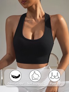 Women Ribbed Racerback Sports Bra Seamless Longline Yoga <b>Crop</b> <b>Top</b> Push Up Padded Gym Fitness Tank Activewear Blanks - Product Image 3