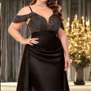 Của phụ nữ hạt siêu cộng với kích thước thiết kế v-cổ Vai thấp hơn phần chia satin trang phục buổi tối chính thức váy cưới - Product Image 3