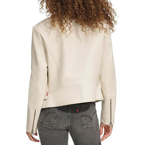 Blouson moto en similicuir crème pour femme, manches longues, col montant, fermeture éclair, style automne, coupe-vent, tissu tissé - Product Image 5